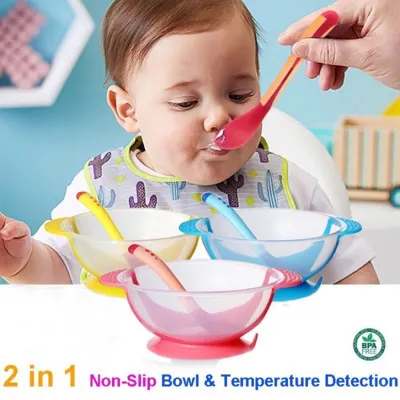 Mangkok Set Bayi Anti Tumpah Sensor Panas Tempat Makan Bayi Silicon Mangkok Anti Slip Alat Makan Bayi FREE Sendok