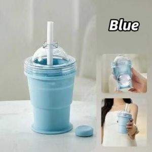 Foldable Ice Cube Mold Cup with Straw Portable Silicone Ice Ball Maker Leak-Proof Reusable Drink Cup for Cold Beverages Coffee Juice Summer Essentials