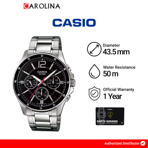 Jam Tangan Pria Casio Chronograph MTP-1374D-1A Black Dial Silver Stainless Steel Band