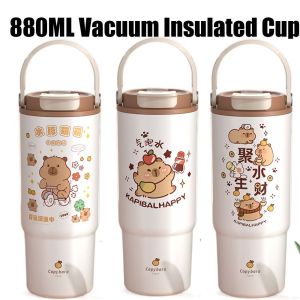 OPEAREY ความจุขนาดใหญ่ แก้วเก็บความร้อน 880มล. รูปการ์ตูนสัตว์ ถ้วยสุญญากาศคาปิบารา ใหม่ ซับเซรามิก ถ้วยกาแฟ สำนักงานที่บ้าน