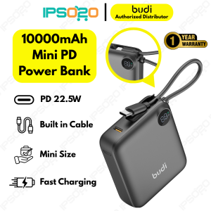BUDI 10000 mAH PD 22.5W Compact Mini Power Bank Built-in Cable