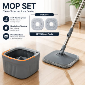(New upgrade) Mop With Bucket Flat Mop Magic Cleaning Mop Spin Microfiber Mop Floor Cleaning Mop Mop Lantai 旋转拖把 拖把360°Mop Spinner Quick Dry Separate Water Wash