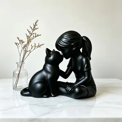 FOUNDTWO Unique Girl and Cat Sculpture 3D Printed Plastic Cat Figurine Decoration Cute Animal Girl Cat Ornaments Use
