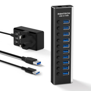 RSHTECH A10S Powered USB Hub 10 Port USB 3.1/3.2 Gen 2 Hub 10Gbps with 36W 12V/3A Power Adapter Type A and Type C Cables Aluminum USB C Hub Splitter for PC and Laptop