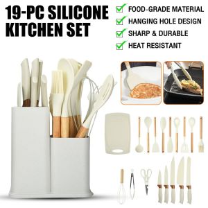 MOKETA 19PCS silicone kitchen utensils set Spatula For Non Stick Pan Shovel Wooden Handle Cooking Tools Set