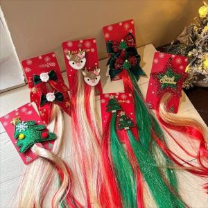 HUNIU 1/2pcs Santa Claus Christmas Decorative Braided Wig Dress Up Christmas Tree Festive Hairpin Ornament Fake Braided Ponytail Hairpiece Bow Braid Headband Kids