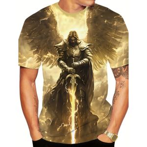 Mens Archangel Saint Michael T-Shirt 3D Full Print Religious Warrior Angel Pattern T-Shirt Christian Faith Short Sleeved Top