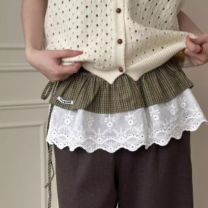CHXONQ Lace Up Plaid Fart Curtain Balletcore Korean Style Lace Mini Skirts Fashion Pastoral Style Ruffle Short Skirts Women