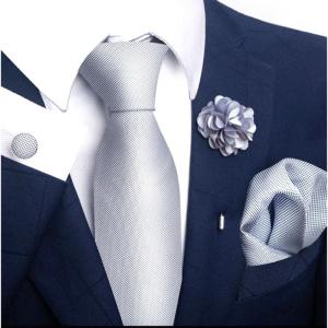 4Pieces Men’s Silk Finish Polyester Tie Pocket Square Cufflinks Lapel Pin Dress Accessories