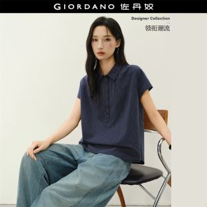 GIORDANO Women Shirts Striped Cap Sleeve Loose Shirts Classic Collar Half Placket Fashionable Casual Shirts 18346220