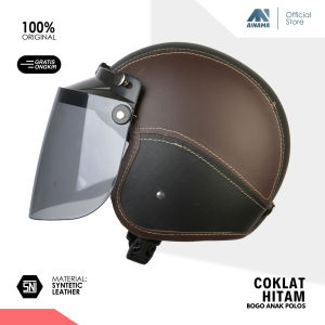 Helm Anak Bogo Classic Ainama Retro Kids Polos Kaca Flat / Kaca Datar Coklat Hitam