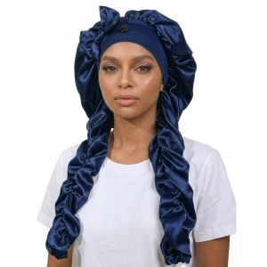 MUMU Satin Material Sleep Bonnet Long Curling Ribbons Non-Slip Design Satin Bonnet No Slip Soft Fabric Curling Bonnet For Sleeping