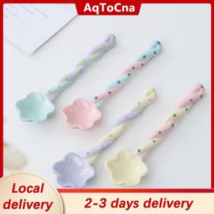 [COD] AqToCna Ship within 24 hours 1Pc Ceramic Long Handle Spoon Cute Ice Cream Hand Painted Dessert Spoon with Long Handle Kitchen Tableware Accessories