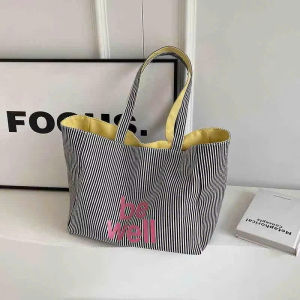 CR_ Túi Tote vải xinh túi Canvas sọc 2 mặt dung tích lớn đeo hằng ngày phong cách Hàn Quốc trẻ trung