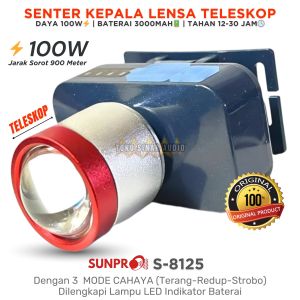 Senter Kepala SUNPRO 100 Watt Super Terang Cahaya Putih Lensa Bisa Laser-Zoom Tahan Lama & Tahan Air S-8126 & S-8625 | Senter Kepala 100W Waterproof Cas USB Type C Isi Ulang Laz COD Bisa Bayar di Tempat TOKO SINAR AUDIO