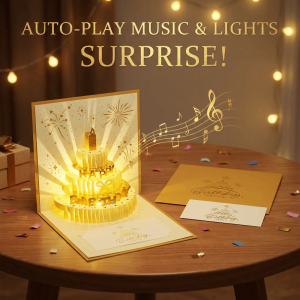 MACRAMEX Four-Layer Birthday Cake Happy Birthday Card with Automatic Music Lighting with Envelope Gift Card Foldable Musical Light Greeting Card Gift
