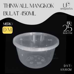 THINWALL MANGKOK BULAT 450ML WADAH MAKANAN PLASTIK PLUS TUTUP BENING DM (25 PCS)