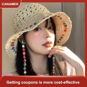 【CANAMEK】 Thời trang đầy màu sắc hạt gỗ mũ rơm cho phụ nữ trong mùa hè với lớn Hollow vành Sun hat có thể gập lại ngư dân hat