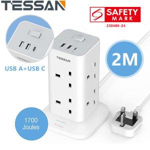TESSAN - SG Safety Mark  Tower Extension Socket with USB Type C 2M or 3M Extension Cord Surge Protector Multi Plug
