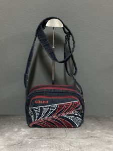 AEIOU No.354 กระเป๋ายีนส์ สะพายข้างทรงหมอน รุ่นปักใบไม้ ลิขสิทธิ์แท้ (กว้าง9.5นิ้ว สูง6นิ้ว)