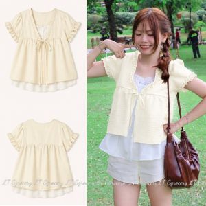 Áo form babydoll dễ thương chất Đũi Hàn tay ngắn dây nơ phối ren bèo hai lớp
