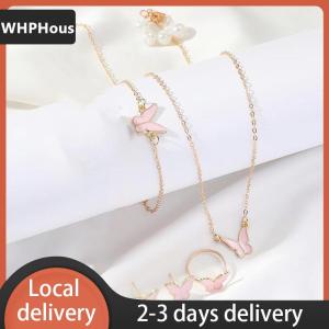 [COD] WHPHous Ship within 24 hours 5PCS Fashion Butterfly Pendants Necklace Earrings Ring Bracelet Sets For Women Jewelry Set Bridal Wedding Jewelry Gift