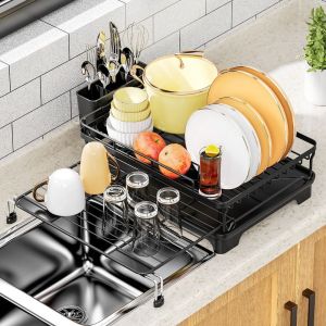 JUTBONG Scalable Bowl Rack Double Layers Drainage Design Utensil Holder Multifunctional Anti-rust Dish Storage Rack Tabletop Use