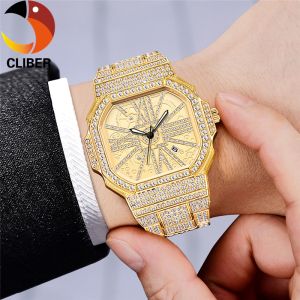 CLIBEFR Iced Out Men Watch Square Diamond Quartz Luxury Wrist WatchesNew New