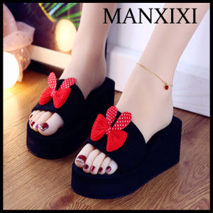 MANXIXI Fashion Women Beautiful 2.36 Inches Wedge Heels Cute Bow Rubber Sole Sturdy Slippers (Size 34-39)