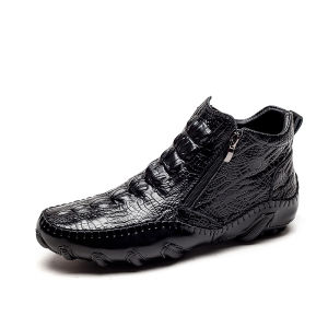 Crocodile Pattern Mens Leather Shoes British Medium Top Mens Short Boots Leather Large Winter Warm Male Boot