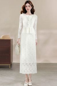 แฟชั่นแขนยาวลูกไม้เสื้อกระโปรงชุดผู้หญิงใหม่แฟชั่น ruffled ลูกไม้แขนยาวด้านบนสะโพกกระโปรงสองชิ้นชุด