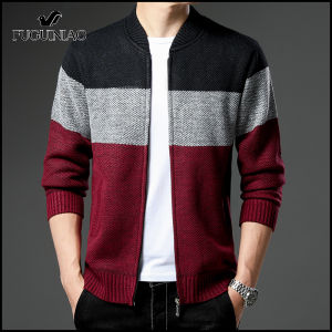 Mens Cardigan Sweater Casual Sweater Jacket Zipper design Patchwork Sweater Coat Winter Mens Sweater Jacket