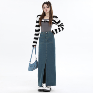 S-6XL Rok Denim Panjang Wanita Model A-line Pinggang Tinggi Desain Belahan Ramping