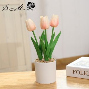 PU Potted Plant Artificial Tulip Flowers with Pot Home Office Decoration Desktop Decor Bonsai Home