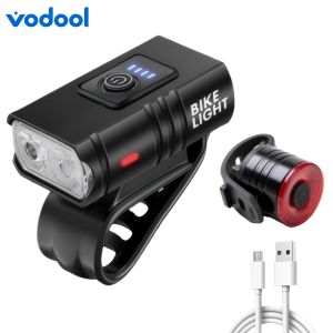 LED Bicycle Front Light USB Charging with Tail Light Powerful Bike Front Light IP44 Waterproof Power Display Riding Safety Accessories