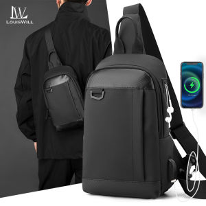 LouisWill Man Bag Fashion Chest Bag Mens Shoulder Bag Earphone Hole Design Waterproof Plaid Splicing Crossbody Bag Large Capacity Street Bag Casual Bag Messenger Bag Travel Bag Business Bag