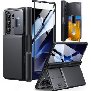 TONGATE Wallet for Z Fold 6 Case with Glass Screen Protector [Card Holder] Built-in S Pen Holder & Kickstand Camera Cover Hinge Protection Z6 Rugged Phone Case Black