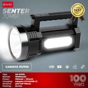 Aoki Senter Jumbo Multifungsi 100W+16SMD LED USB Rechargeable Cahaya Putih untuk Camping & Hiking
