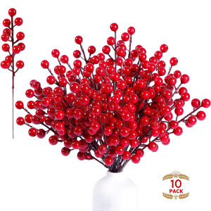 10Pcs Chritsmas Red Berries Decor Simulation Berry Branches Cherry Stamen for Home Xmas New Year Gift Wedding Flower Wreath