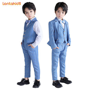 lontakids 2-14 Years Kids Boys Blue Plaid Formal Blazer Suit Long Sleeve Tuxedo Set Gentleman Children Birthday Wedding Party Suits Piano Performance Clothes