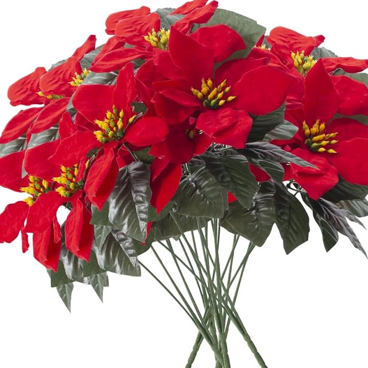 Poinsettias Artificial Christmas Flowers Red 5 Heads 15.7Inch Velvet ...