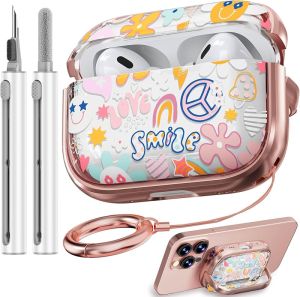 with Safety Lock for AirPods 4 Case Cover 2024Floral Cute AirPod 4th Generation Case for Women Girly with Cleaner Kit and Keychain- Pink Berry Flower