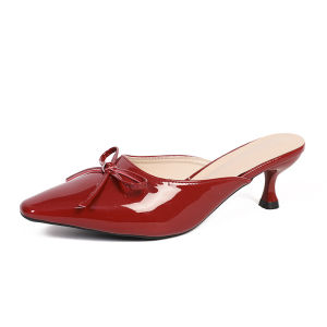 YOTO Womens New Bow Decor Pointed Toe Mid Heel Sandals 6.5cm Stiletto Semi-Open Leather Slippers