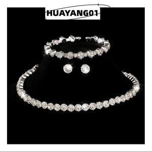 HUAYANG01 [HOT FASHION] ชุดเครื่องประดับคริสตัลสำหรับผู้หญิง4ชิ้น เซ็ตสร้อยข้อมือตุ้งติ้งต่างหูสร้อยคอเพทายสีขาว