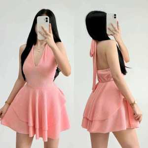 Elegant Chiffon Halter Neck Mini Dress with Layered Skirt and Backless Detail