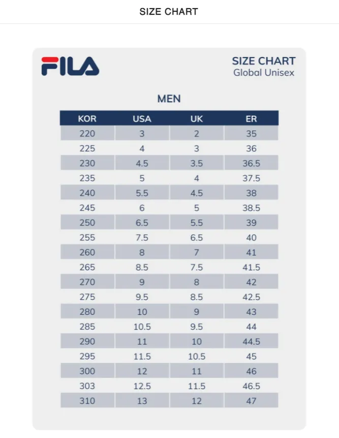 Size chart fila cheap korea