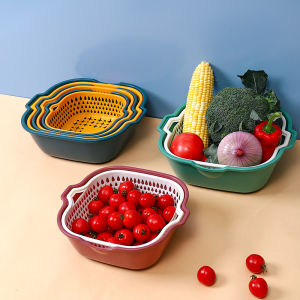 COD Kitchen Double Drain Basket Bowl Washing Storage Basket Drainer Fruit Vegetable Cleaning Colander Tool