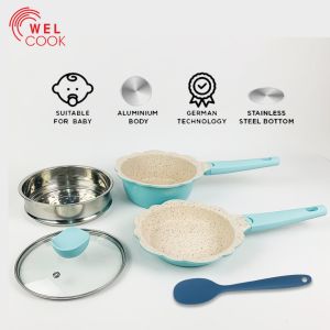 FREE SUTIL BAYI Welcook Panci Set MPASI Bayi 5 Pcs Anti Lengket Tutup Kaca Serbaguna