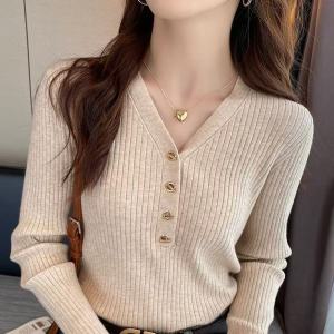 Knitted Top Womens Spring New All-match V-neck Slim Pullover Womens Top Solid Color Sweater