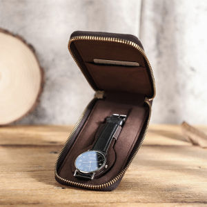 Genuine Leather Zipper Watch Storage Box Nubuck Leather Men Carrying Watch Case Organizer Travel Portable Pouch